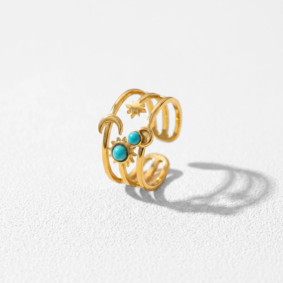 QIAOREN 5Pcs Gold Stainless Steel Turquoise Open Ring Set Irregular Hammered Crown Adjustable Boho Stackable Rings
