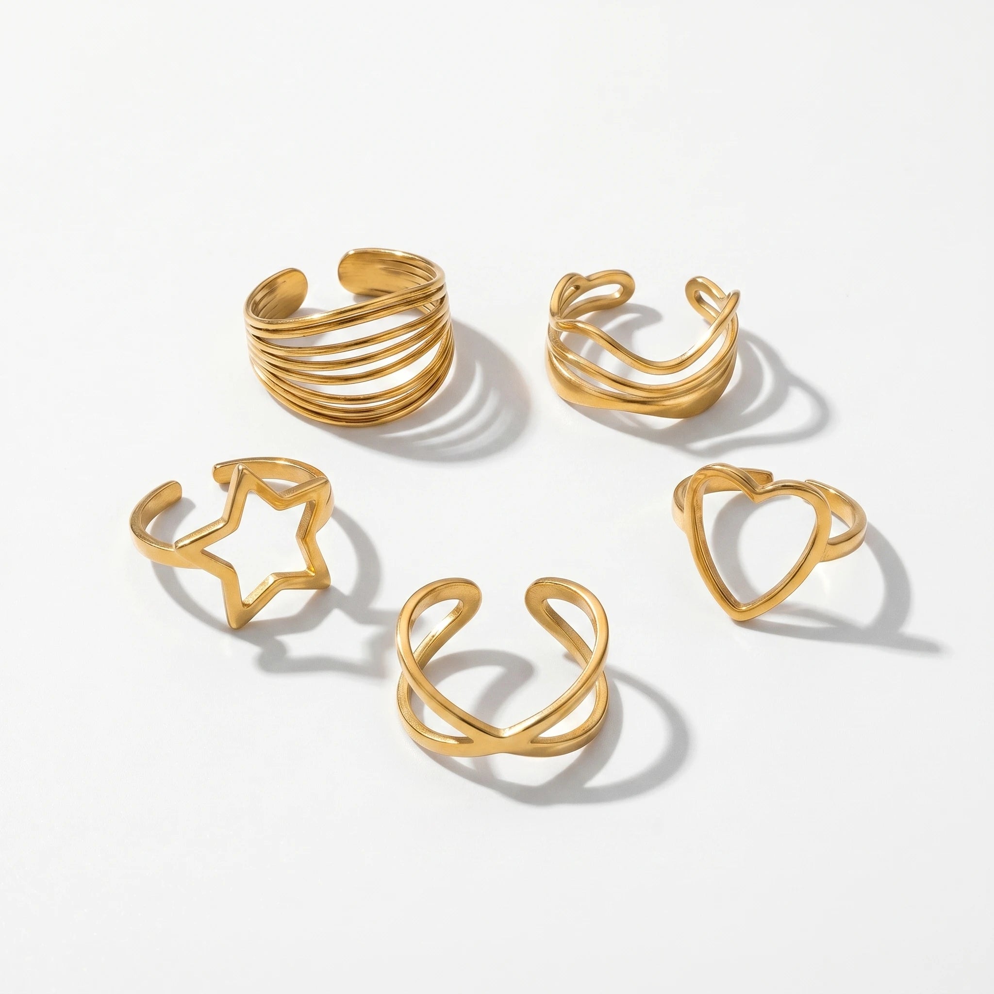 QIAOREN 13071-75 5Pcs 18K Gold Plated Stainless Steel Open Ring Set, Adjustable Stackable Hollow Star & Heart Finger Rings