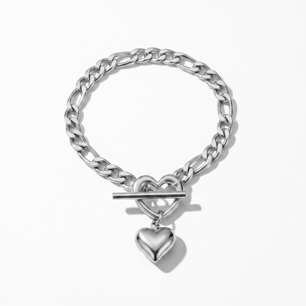 QIAOREN 10576 Chunky Sweet Edgy Heart Charm Bracelet 18K Gold Plated Stainless Steel Hypoallergenic Trendy Party Jewelry