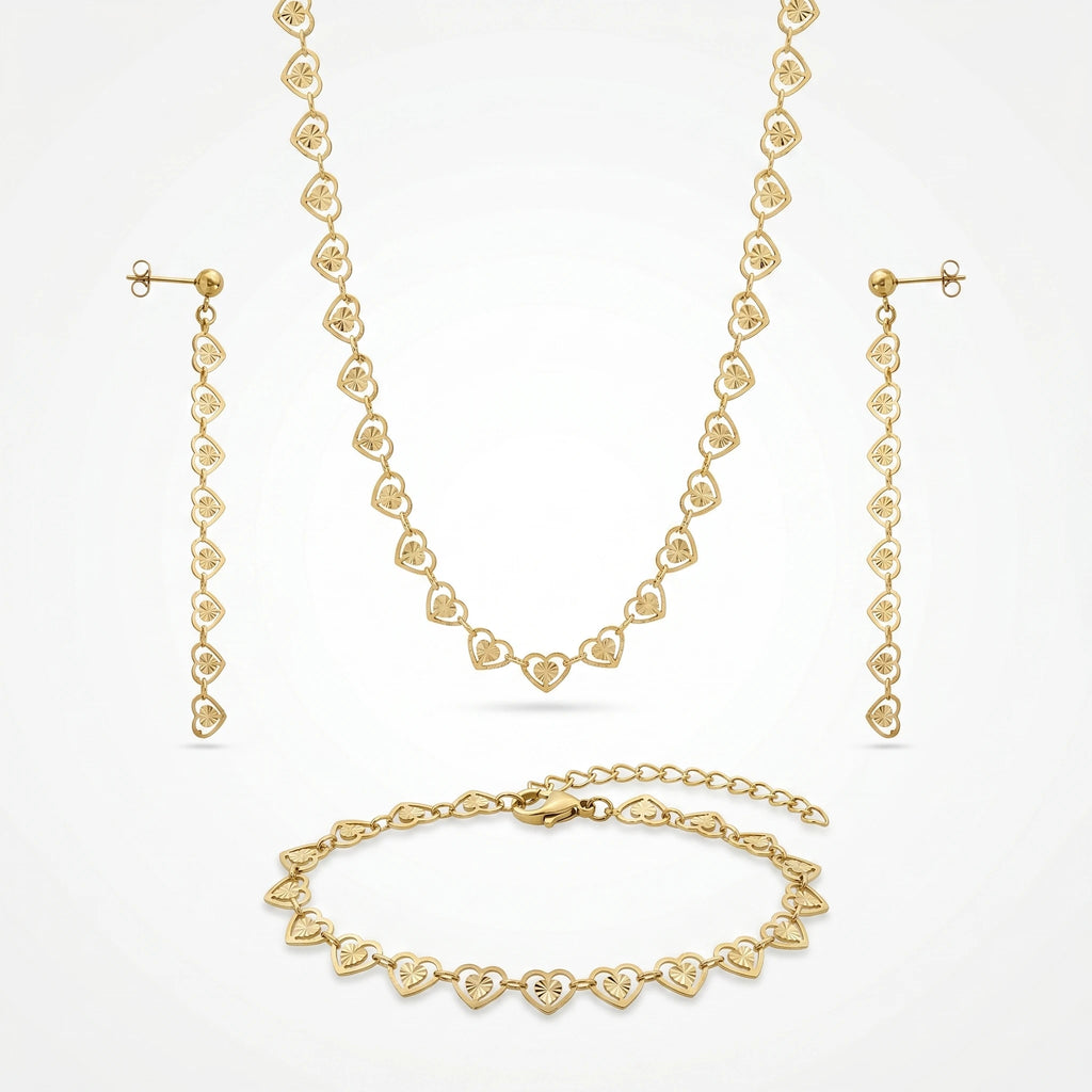 QIAOREN 11581 18K Gold Plated Stainless Steel Heart Jewelry Set Women Hollow Necklace Bracelet Dangle Earrings 3PCS