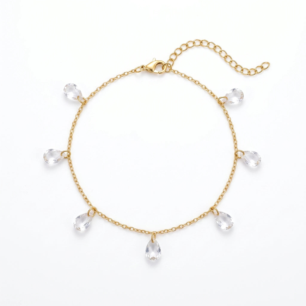 QIAOREN 11414 Tarnish Resistant Waterproof 18K Gold Plated Stainless Steel Teardrop CZ Charm Anklet