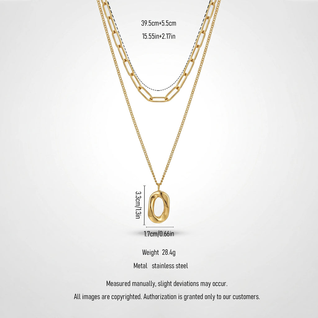 QIAOREN 13988 Double Layer Stacked Necklace with Paperclip Top Chain & Irregular Hollow Oval Pendant Inlaid Tiny CZ