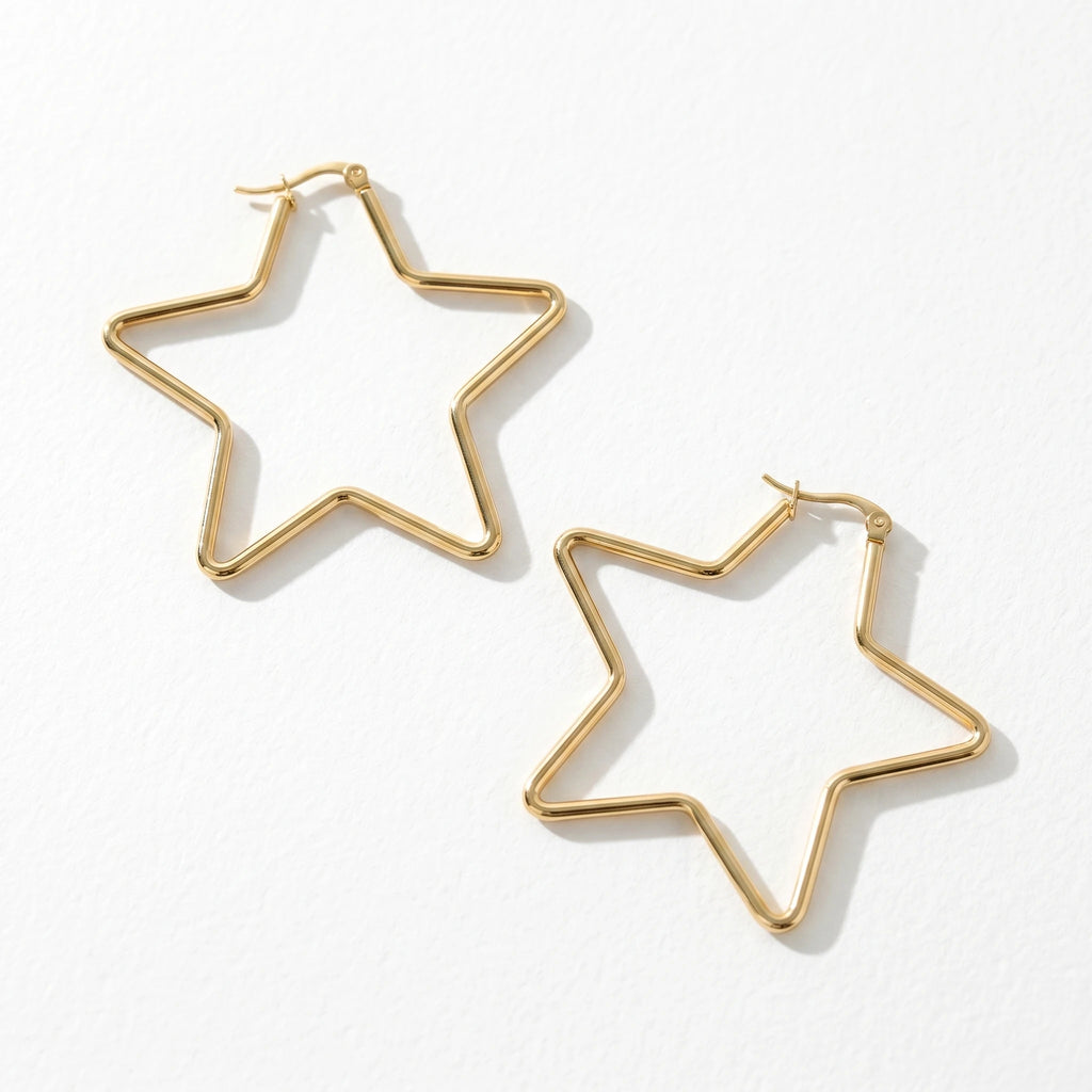 QIAOREN 12327 Trendy Star Hoop Earrings Gold Stainless Steel Sleek 5-Point Star Shaped Large Hoops Y2K Celestial Jewelry Women