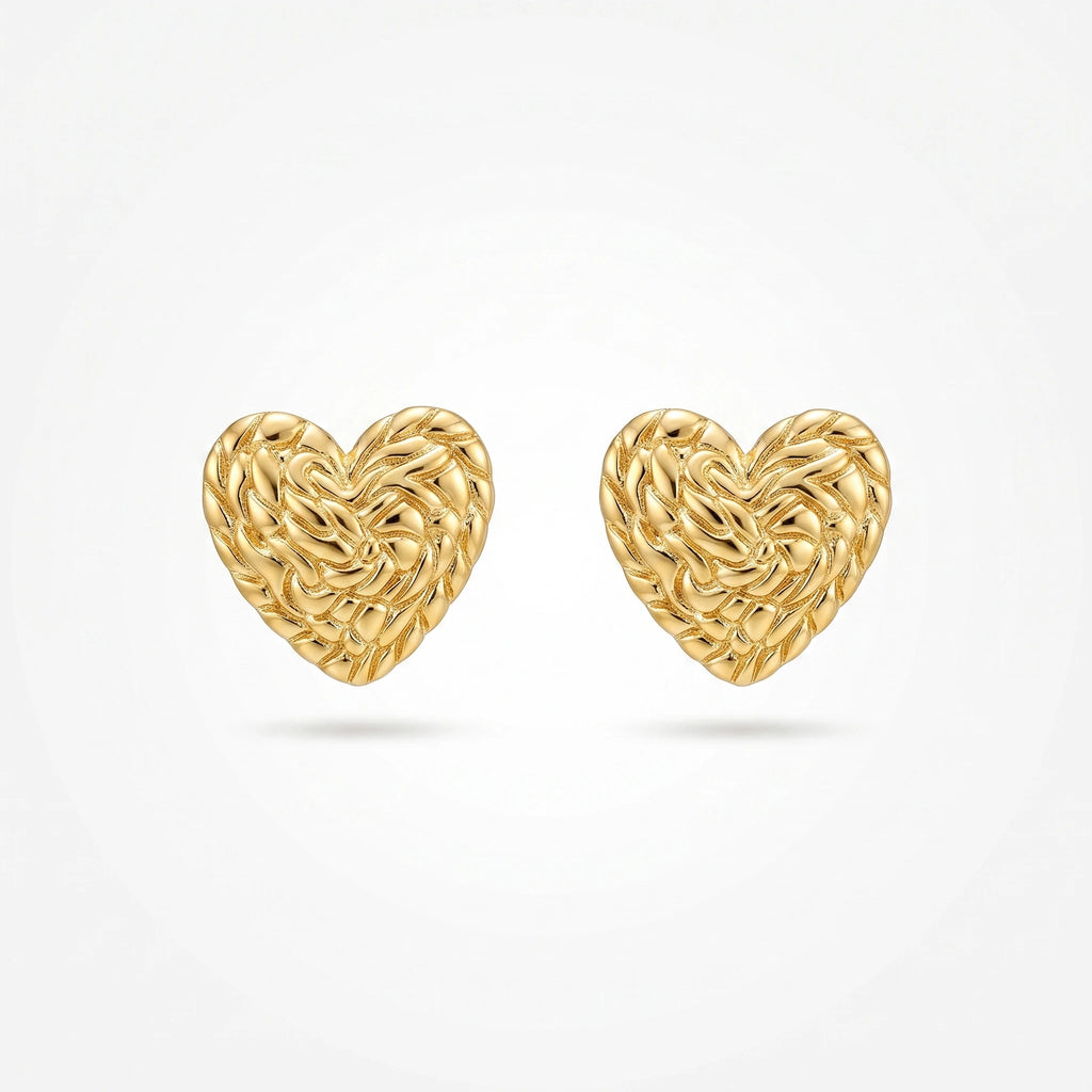 QIAOREN 13249 Gold Stainless Steel Woven Heart Stud Earrings Braided Texture Love Ear Studs Hypoallergenic Jewelry for Women