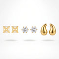 QIAOREN 13255 3 PCS Set  18K Gold Plated Stainless Steel Stud Earrings Set Hollow Square, Round CZ, Teardrop Tiny Ear Studs