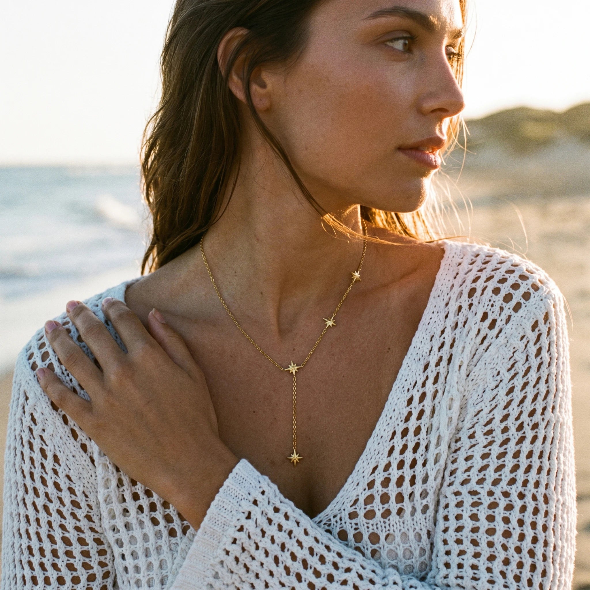 QIAOREN 11843 18K Gold Plated Stainless Steel Anti-Tarnish Hypoallergenic Multiple North Starburst Lariat Y-Chain Necklace