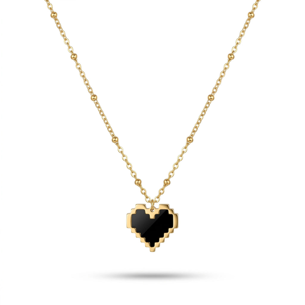 QIAOREN 11986 18K Stainless Steel Pixel Heart Pendant Necklace Black Enamel Inlay Beaded Cable Chain Retro Game Style Jewelry