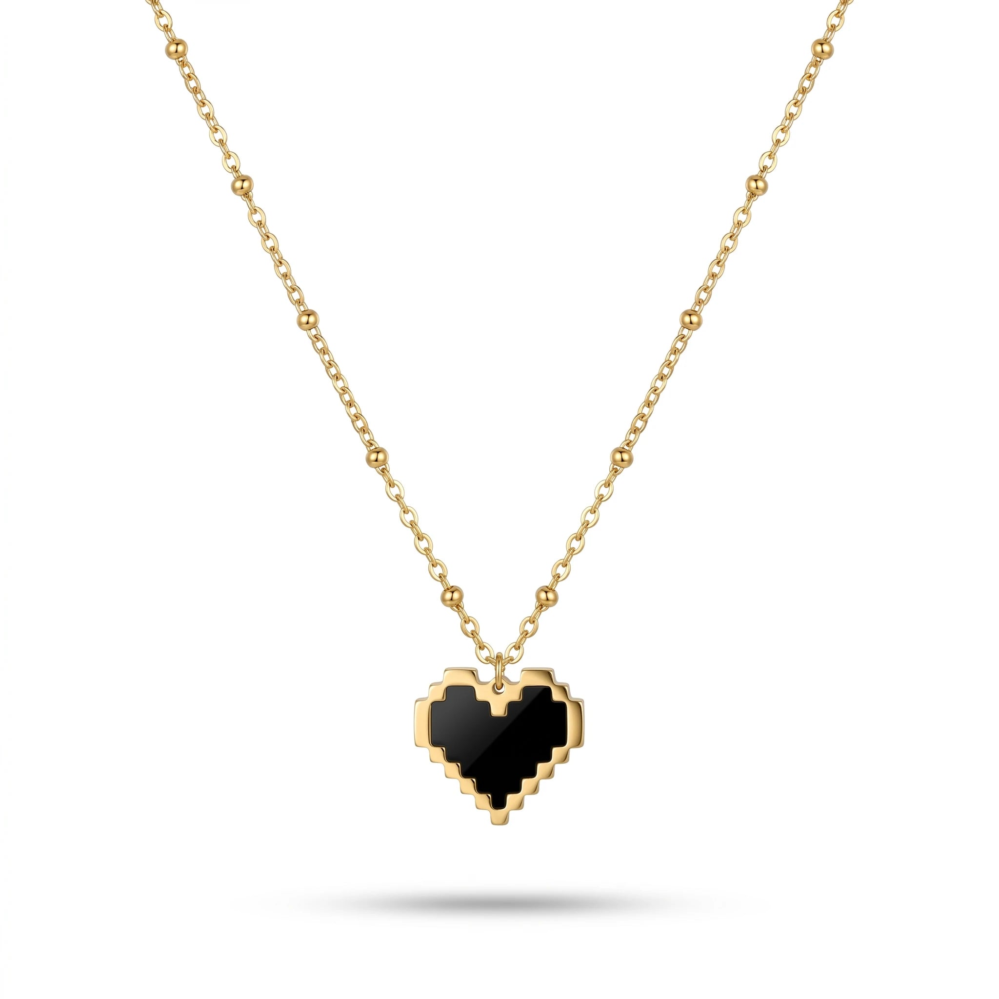 QIAOREN 11986 18K Stainless Steel Pixel Heart Pendant Necklace Black Enamel Inlay Beaded Cable Chain Retro Game Style Jewelry