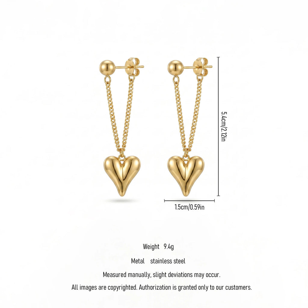 QIAOREN11874 Trendy 3D Puffy Heart Chain Earrings Stainless Steel Gold Ball Stud Bold Love Dangle Jewelry for Women US EU