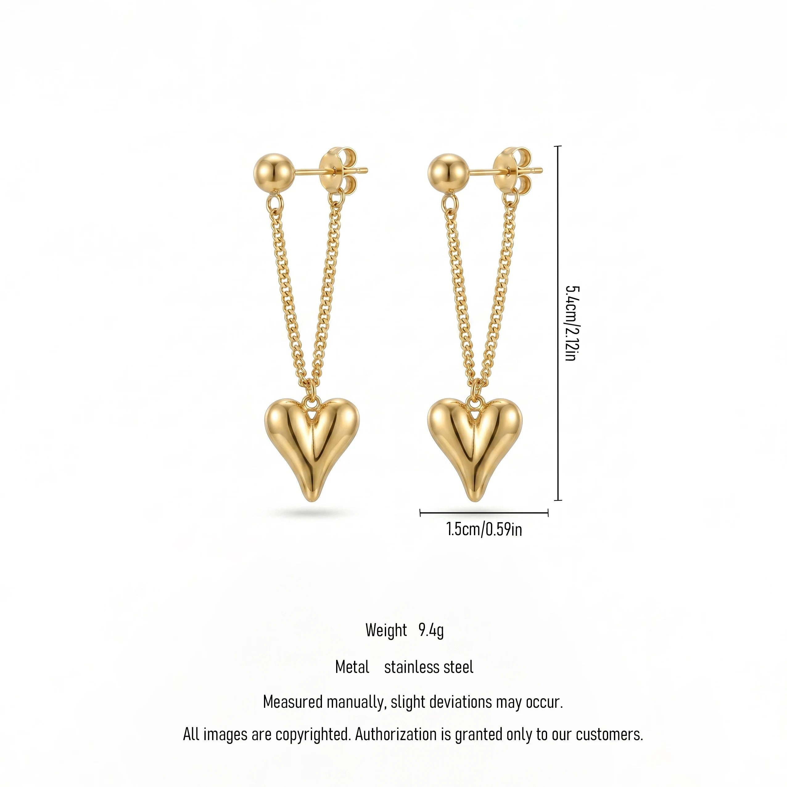 QIAOREN11874 Trendy 3D Puffy Heart Chain Earrings Stainless Steel Gold Ball Stud Bold Love Dangle Jewelry for Women US EU