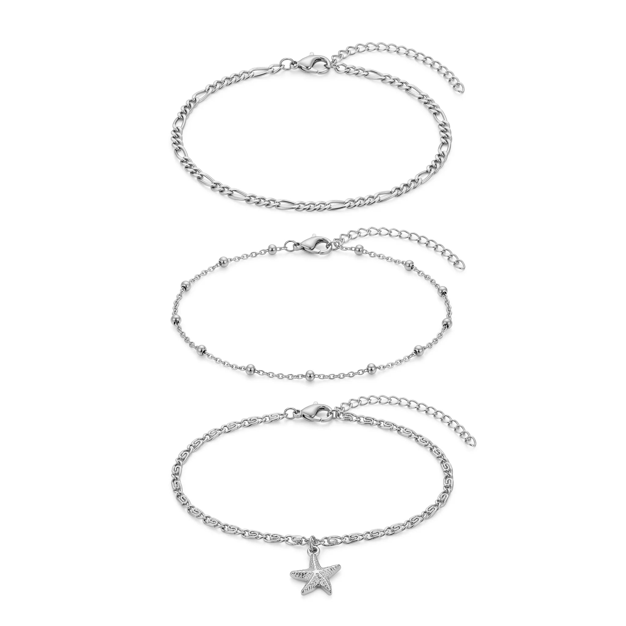 QIAOREN 11517 Summer Beach Starfish Layered Anklet Set Stainless Steel Waterproof Vacation Foot Jewelry