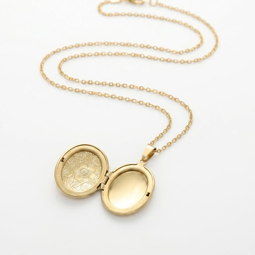 QIANREN 11977 Wholesale 18K Gold Plated Stainless Steel Oval Locket Necklace Vintage Embossed Floral Photo Keepake Pendant
