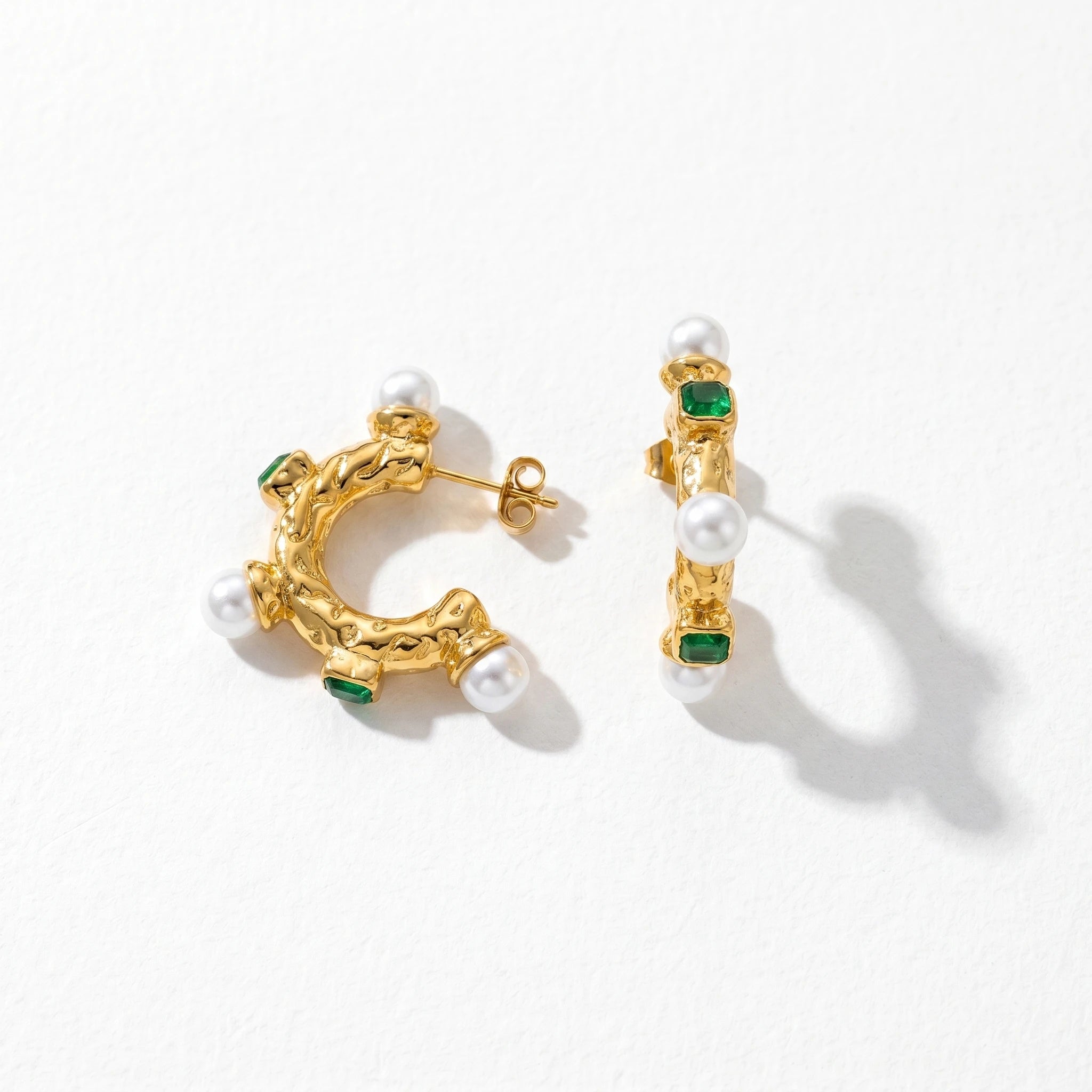 QIAOREN 12509 Elegant Quiet Luxury Molten Pearl Emerald Green Zircon Hoops Stainless Steel Vintage Statement