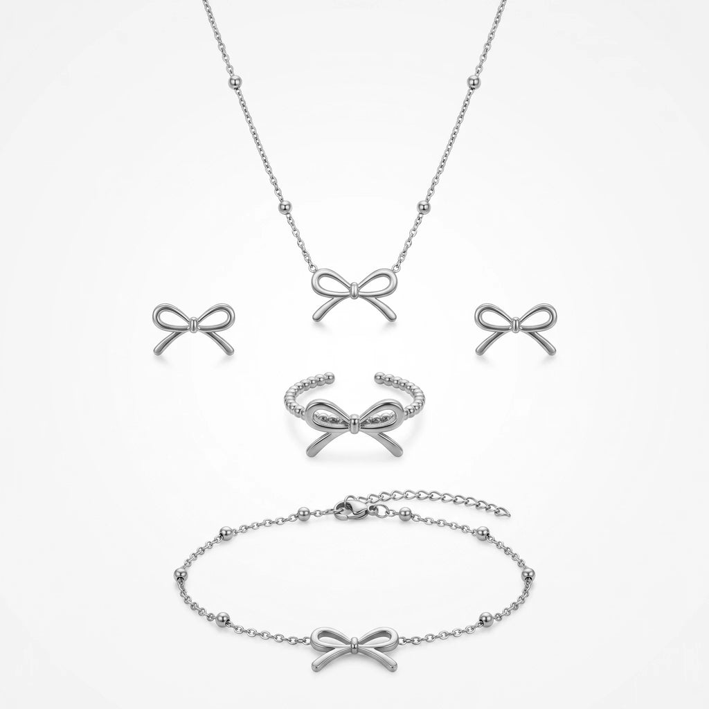 QIAOREN 11583 Tarnish Free 18K Gold Stainless Steel Bow Jewelry Set 4PCS Necklace Bracelet Ring Stud Earrings