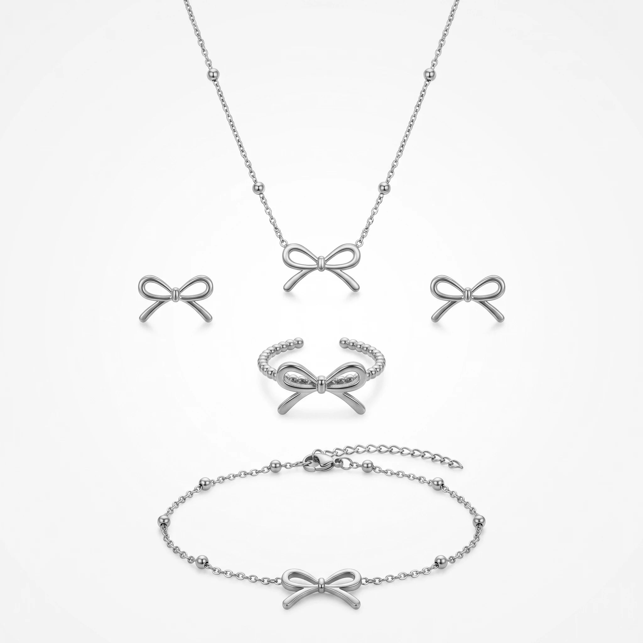 QIAOREN 11583 Tarnish Free 18K Gold Stainless Steel Bow Jewelry Set 4PCS Necklace Bracelet Ring Stud Earrings