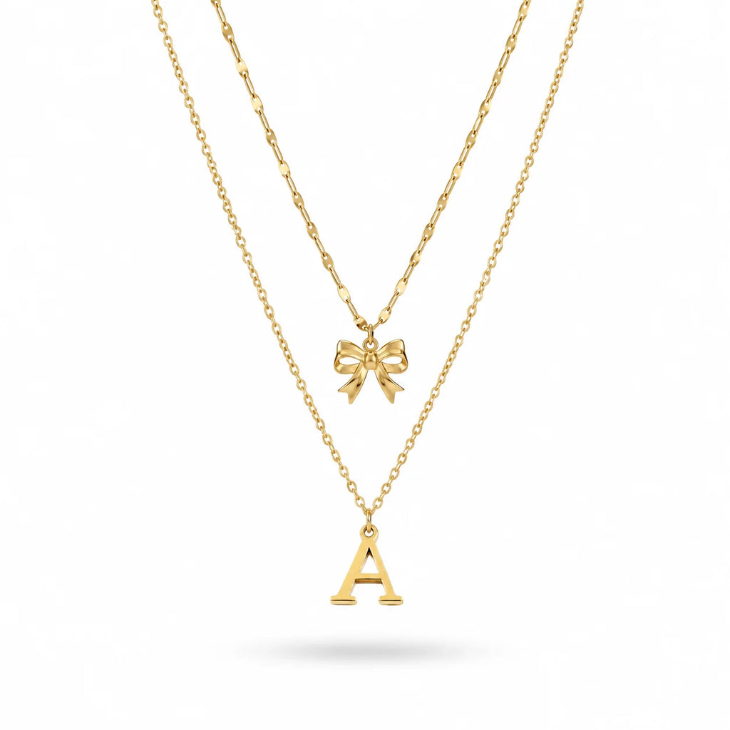 QIAOREN A-Z 26 Letter Bow Initial Necklace Stainless Steel Gold Silver Alphabet Pendant Custom Jewelry