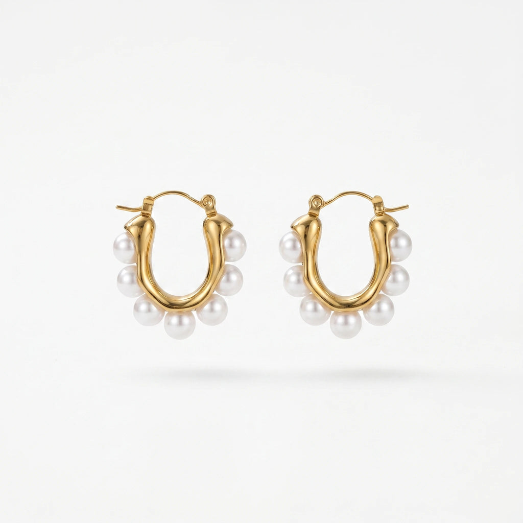 QIAOREN 12316 Elegant French Retro U-Shaped Pearl Earrings Gold Stainless Steel Hinged Horseshoe Huggies Statement Jewelry Women