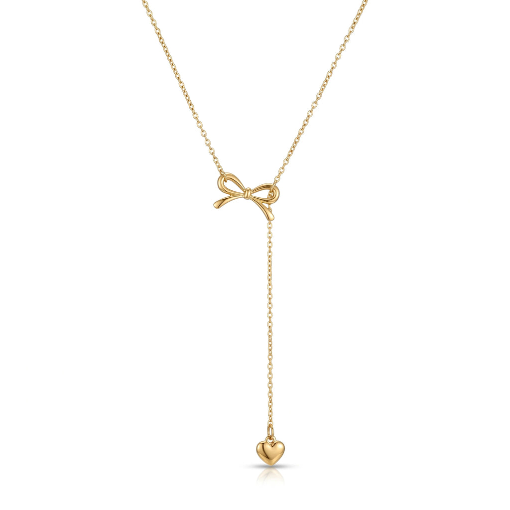 QIAOREN13155 Gold Plated Bow Knot Heart Y Necklace Stainless Steel Dainty Lariat Necklace Minimalist Jewelry for Women