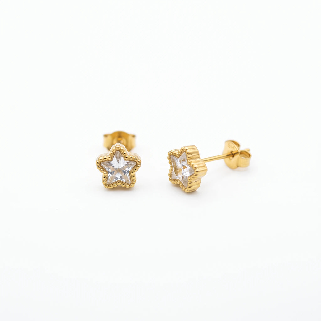 QIAOREN 13443 Gold Tone Beaded Frame Star Crystal Stud Earrings Minimal Sparkly Clear Zircon Tiny Star Jewelry Gift