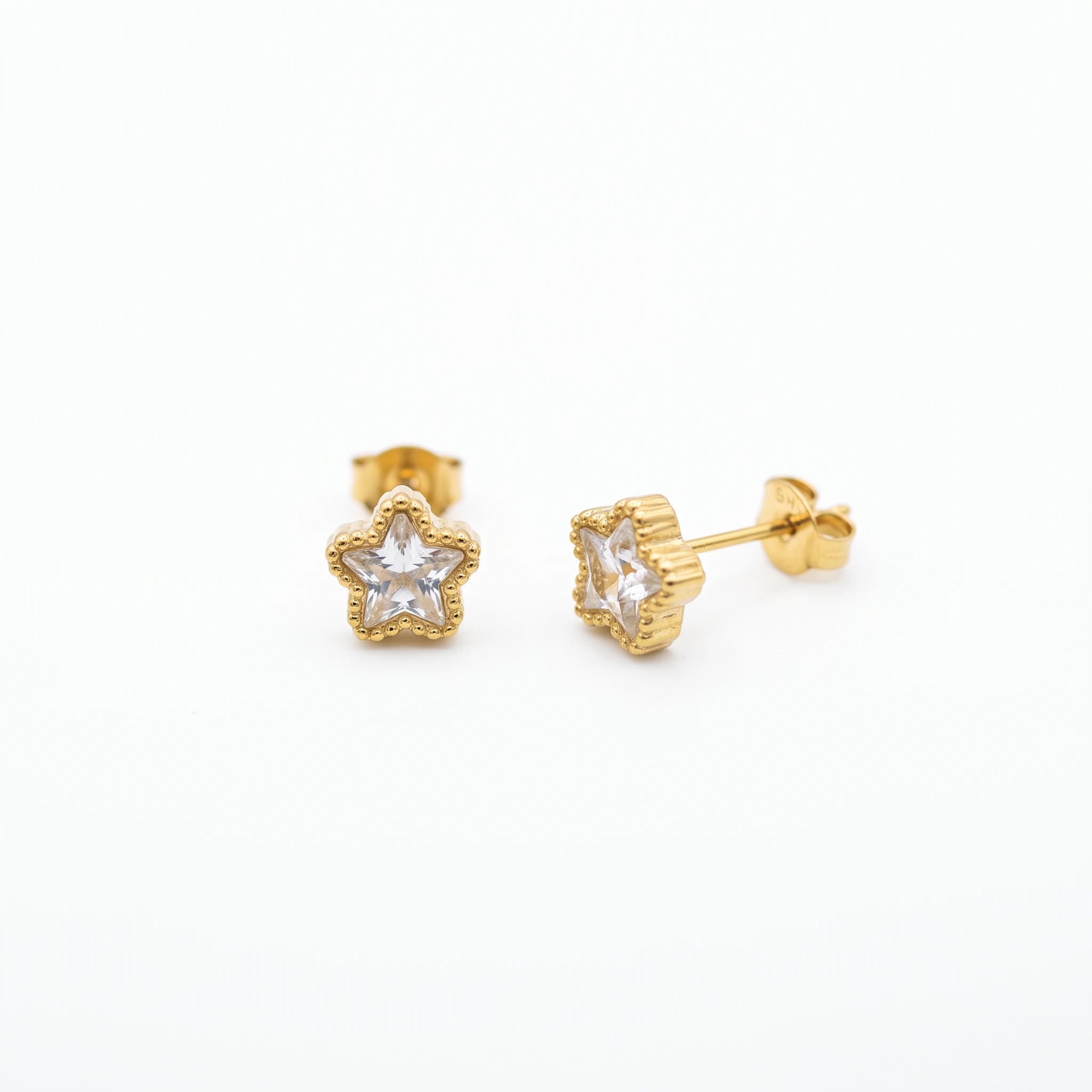 QIAOREN 13443 Gold Tone Beaded Frame Star Crystal Stud Earrings Minimal Sparkly Clear Zircon Tiny Star Jewelry Gift