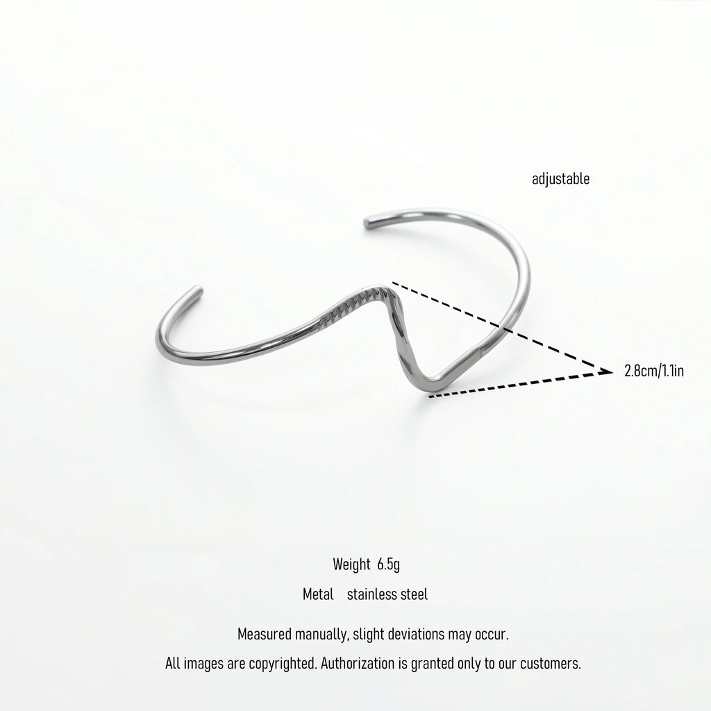 QIAOREN 12774 Trend Heart Outline Thin Wire Open Bangle Stainless Steel Silver Adjustable Minimal Daily Wrist Jewelry