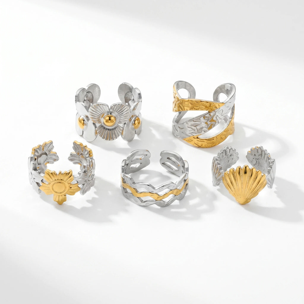 QIAOREN 12938-42 18K Gold Plated 316L Stainless Steel Two Tone Snake Star Adjustable Rings Set Tarnish Free Waterproof Jewelry