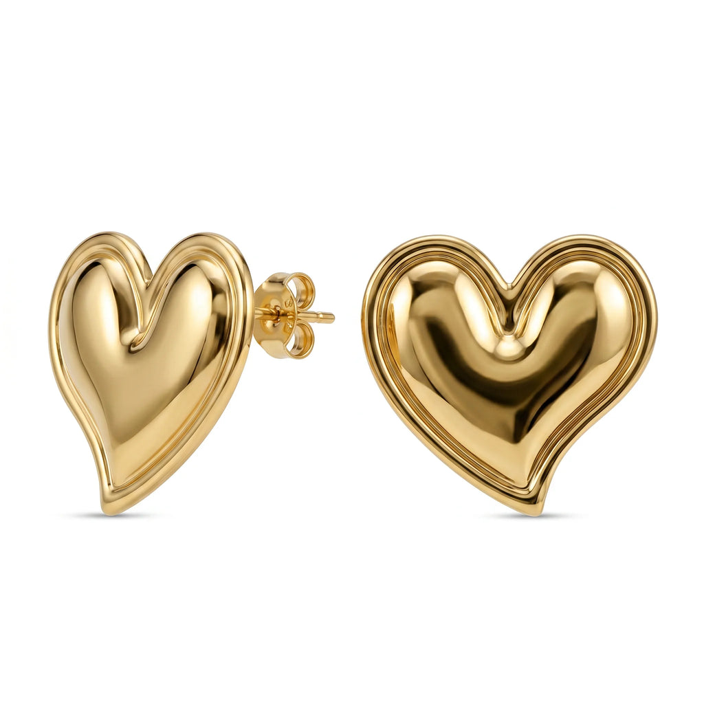 QIAOREN 11198 Luxury Puffy Heart Stud Earrings Gold Stainless Steel Romantic Statement Jewelry for Women