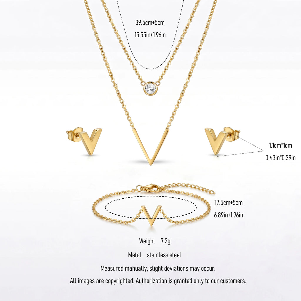 QIAOREN 11519 18K Gold Plated V-Shaped Jewelry Set Necklace Earrings Bracelet Stainless Steel Tarnish Free