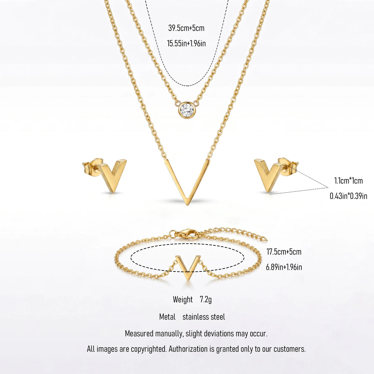 QIAOREN 11519 18K Gold Plated V-Shaped Jewelry Set Necklace Earrings Bracelet Stainless Steel Tarnish Free