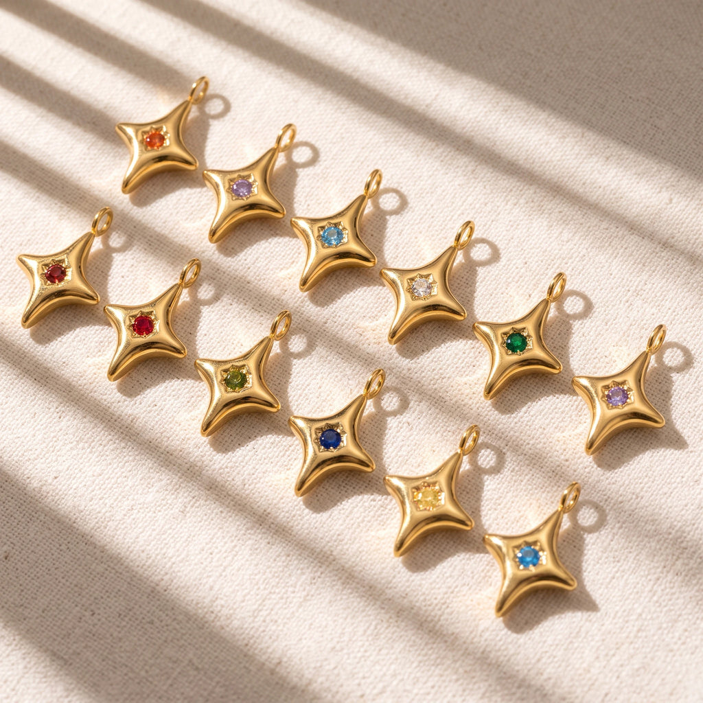 QIAOREN 13894-905 Birthstone Bezel Set Four Point Star Charm Pendant with Center Round Multicolor CZ Stone for Making DIY