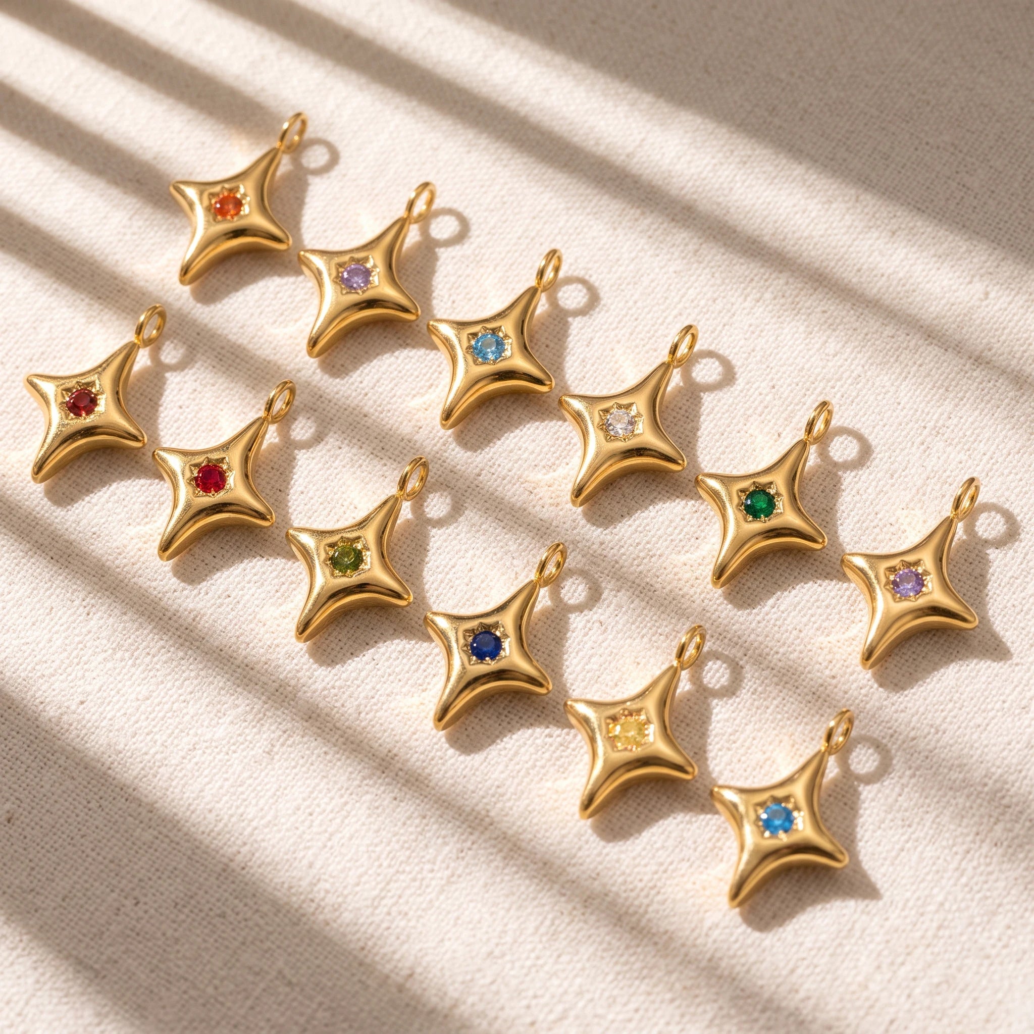 QIAOREN 13894-905 Birthstone Bezel Set Four Point Star Charm Pendant with Center Round Multicolor CZ Stone for Making DIY
