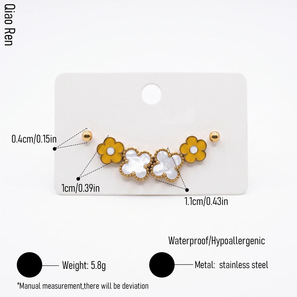 QIAOREN 14506 Stainless Steel Yellow Flower White Quartz Clover Tiny Ball Studs Multi Pack Daily Fashion Jewelry Gift