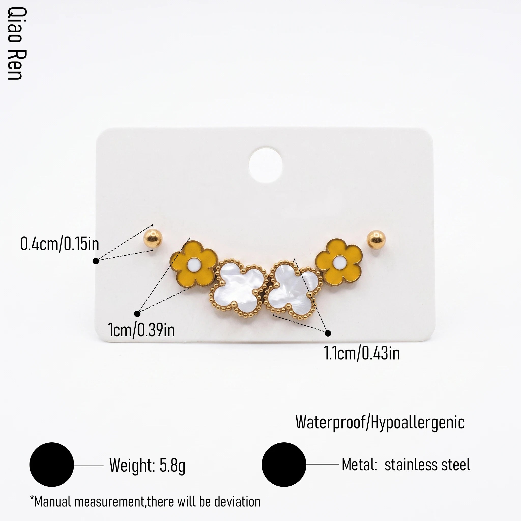 QIAOREN 14506 Stainless Steel Yellow Flower White Quartz Clover Tiny Ball Studs Multi Pack Daily Fashion Jewelry Gift