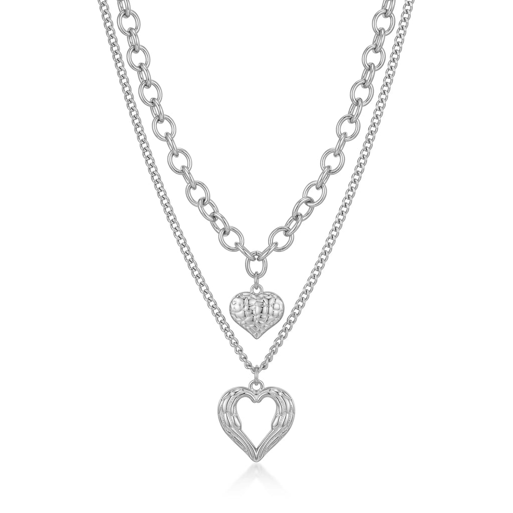 QIAOREN 11505 Stainless Steel Double Layer Heart Necklace Wing Hollow Heart Pendant Adjustable Gold Stack Jewelry for Women