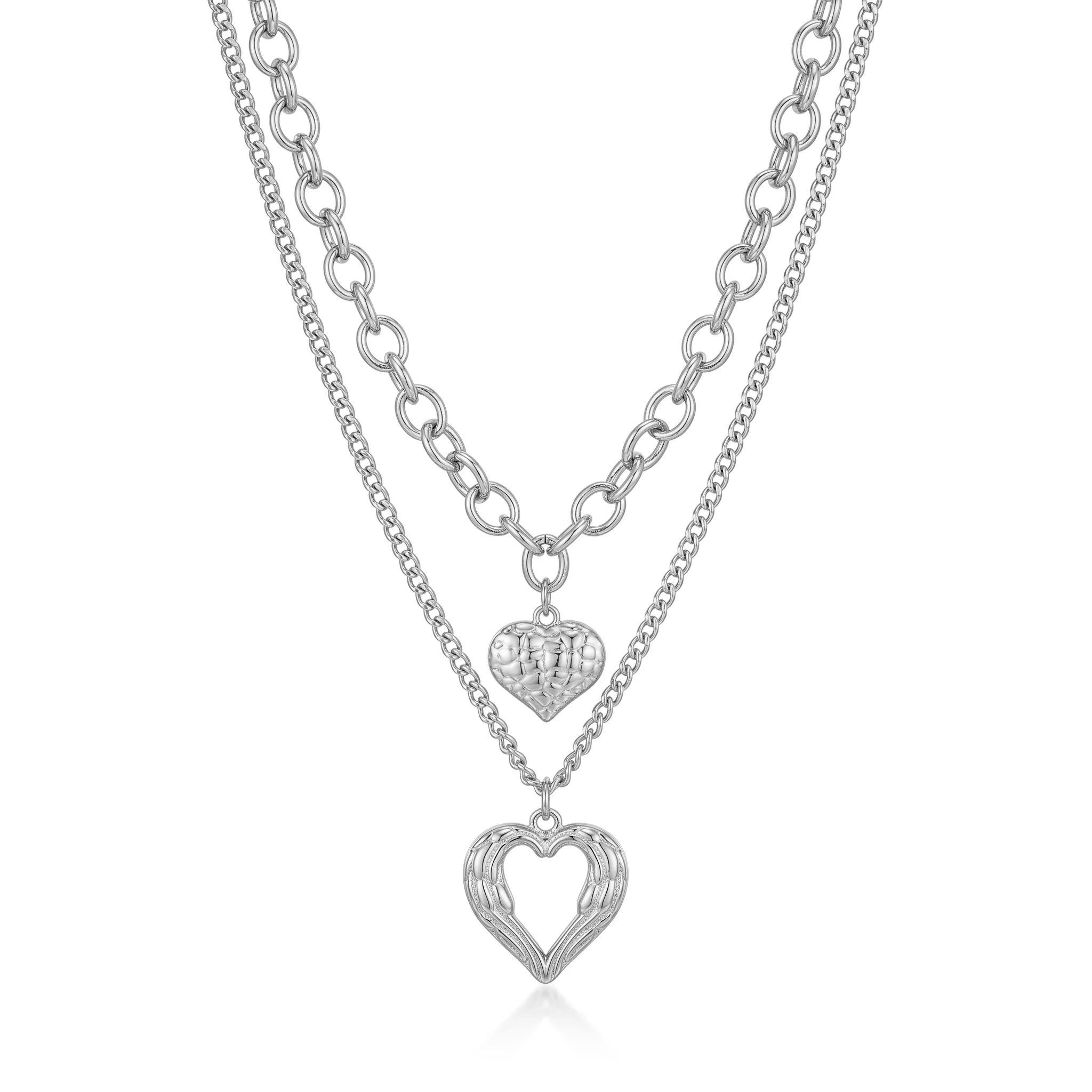 QIAOREN 11505 Stainless Steel Double Layer Heart Necklace Wing Hollow Heart Pendant Adjustable Gold Stack Jewelry for Women