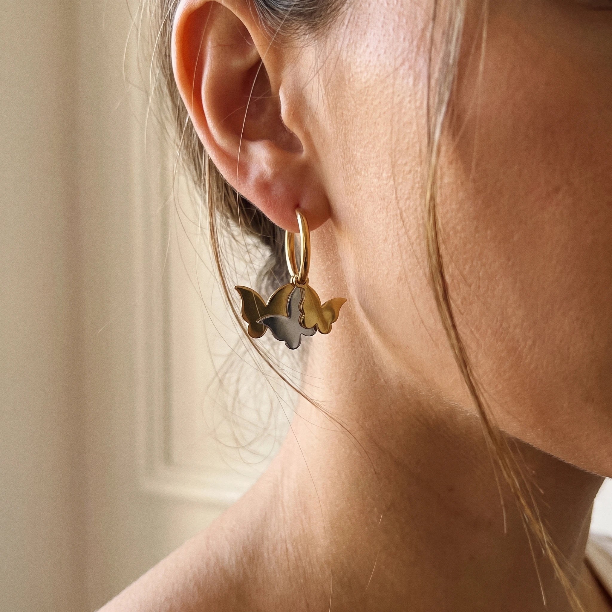 QIAOREN 14426 Stainless Steel Gold Plated Two-Tone Triple Butterfly Charm Huggie Hoop Earrings Small Gift for Daily Outfits