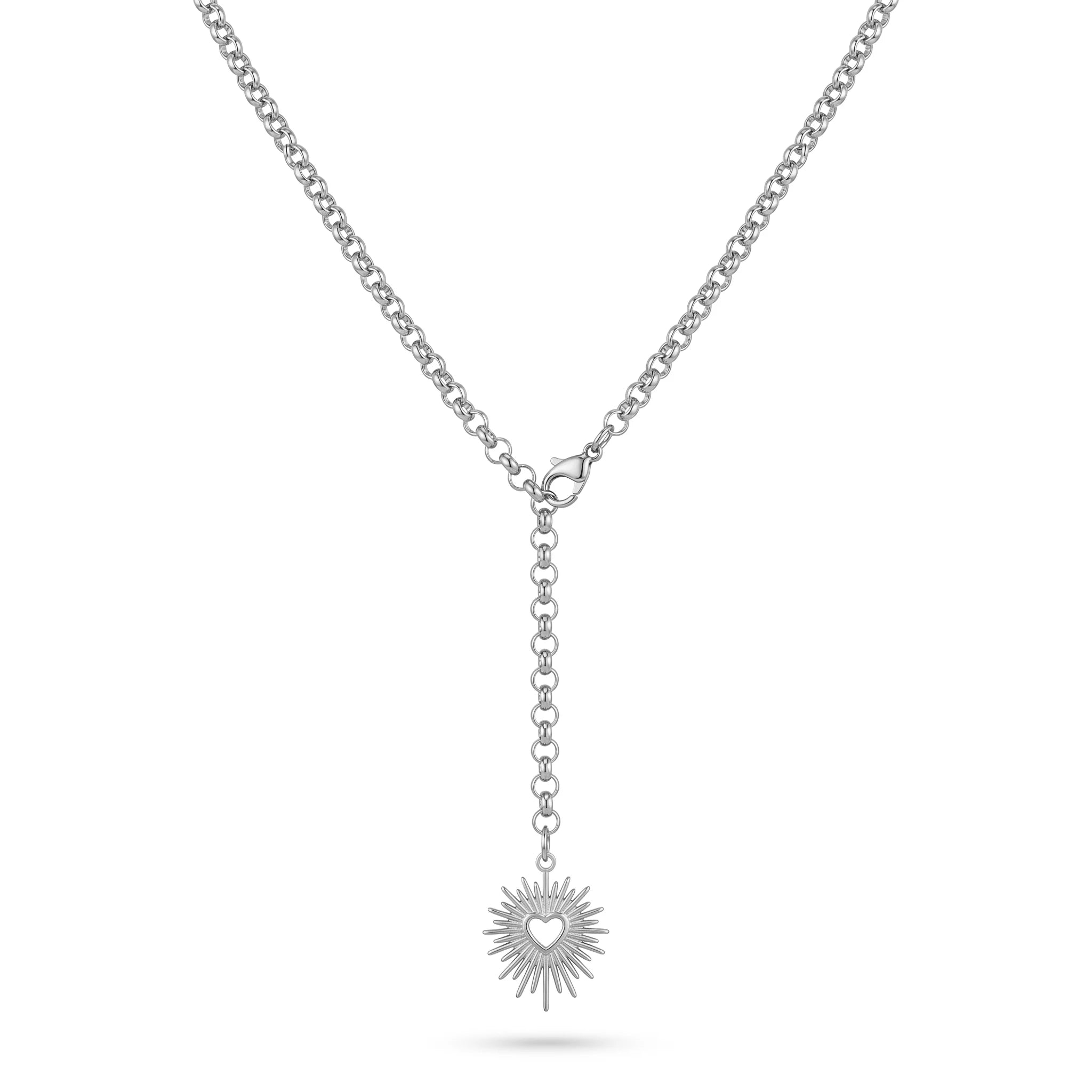 QIAOREN 11801 18K Gold Plated Stainless Steel Anti-Tarnish Sunburst Heart Lariat Y-Necklace Adjustable Dainty Pendant for Women