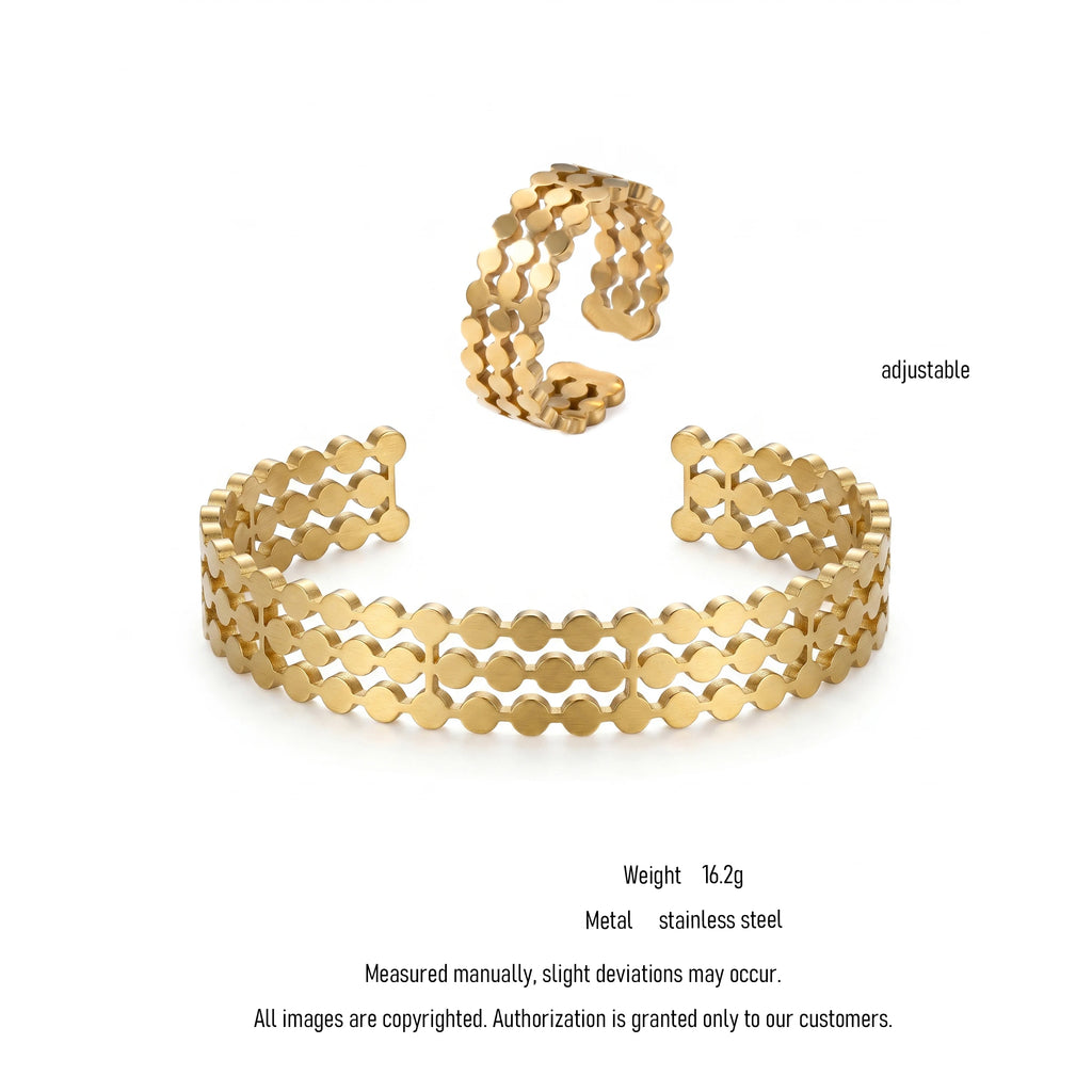 QIAOREN 10917 Mesh Jewelry Set Gold Plated Stainless Steel Polka Dot Cuff Bangle & Ring Trendy Unisex Hypoallergenic Jewelry