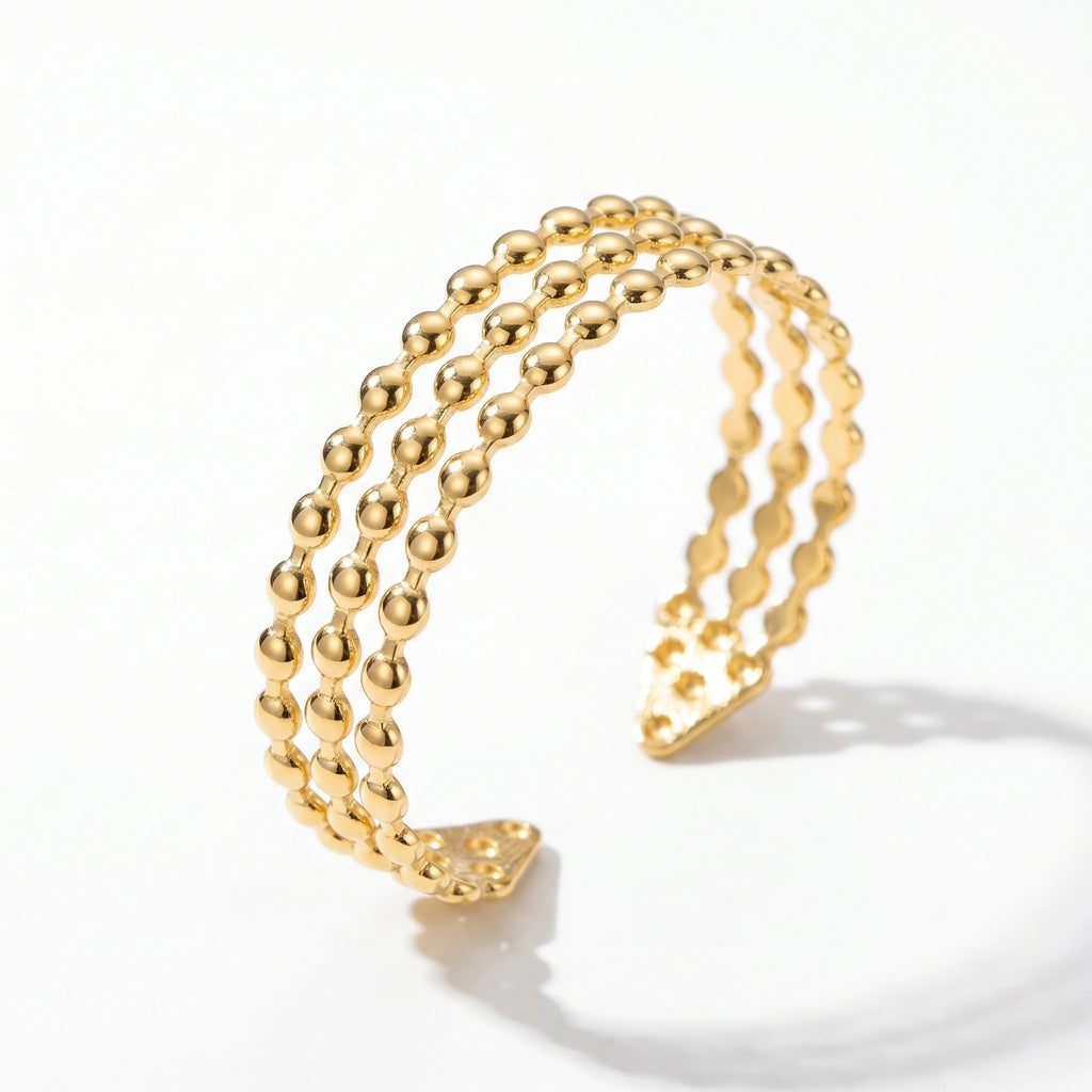 QIAOREN 12695 Classic Parallel Tiny Gold Bead Wide Open Gold Bangle Hypoallergenic Stainless Steel Hollow Stackable Bracelet