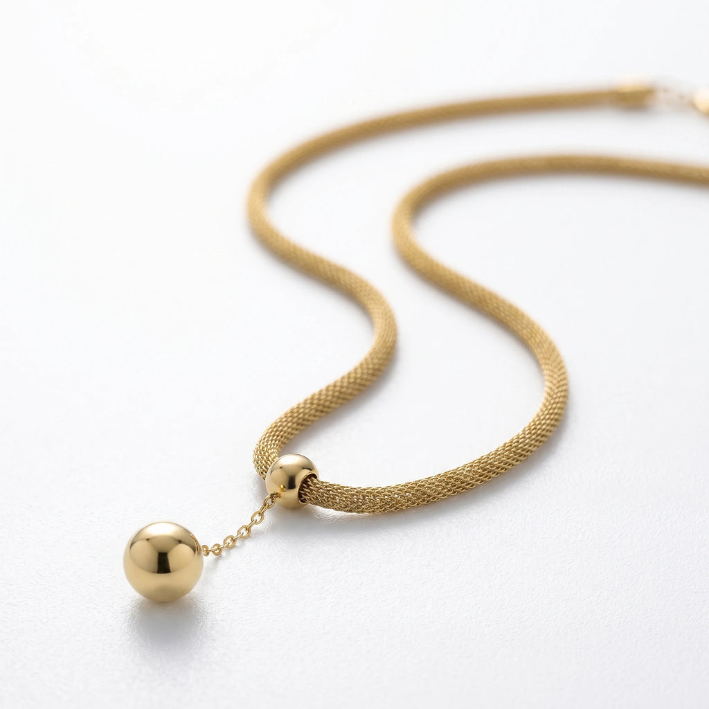 QIAOREN 13463 Dainty Mesh Chain Y Drop Necklace with Two Smooth Round Ball Pendants, Minimalist Gold Neck Jewelry Gift