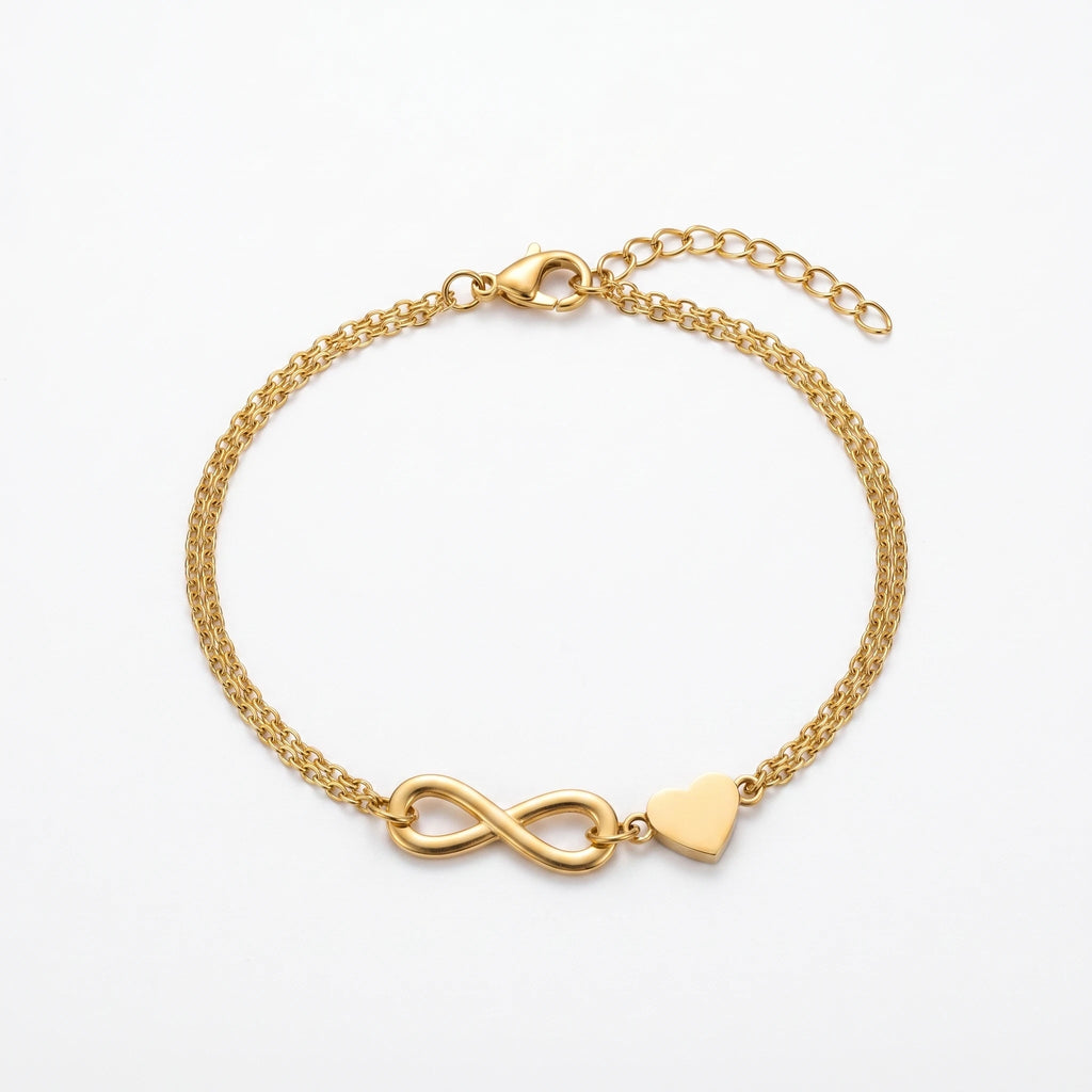 QIAOREN 10578 Infinity Love Heart Chain Bracelet 18K Gold Plated Stainless Steel Waterproof Tarnish Free Jewelry for Women