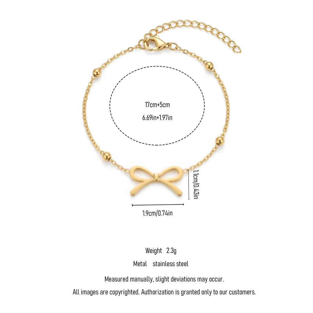QIAOREN 11418 18K Gold Plated Bow Charm Bracelet With Ball Beads Stainless Steel Tarnish Free Waterproof Jewelry