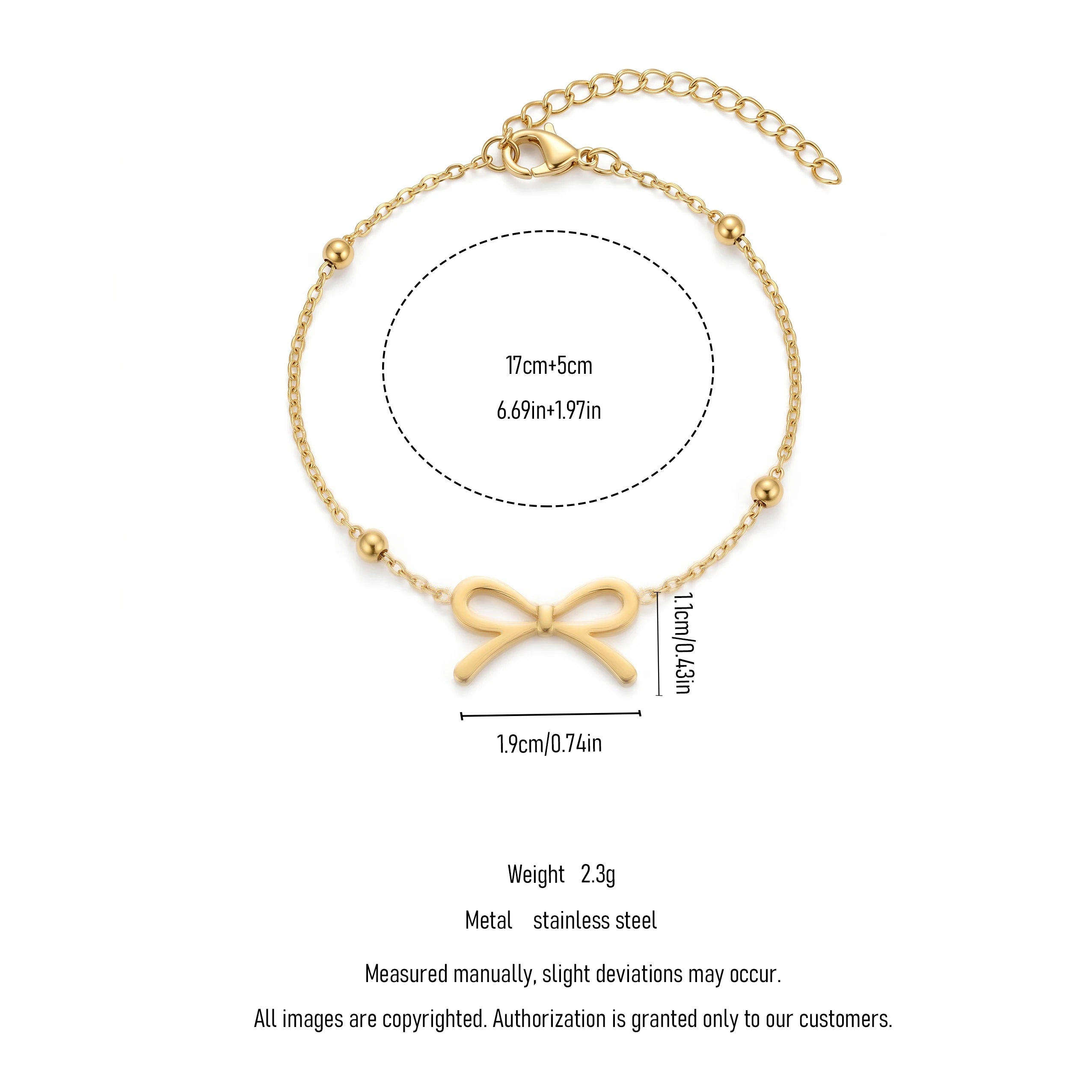 QIAOREN 11418 18K Gold Plated Bow Charm Bracelet With Ball Beads Stainless Steel Tarnish Free Waterproof Jewelry