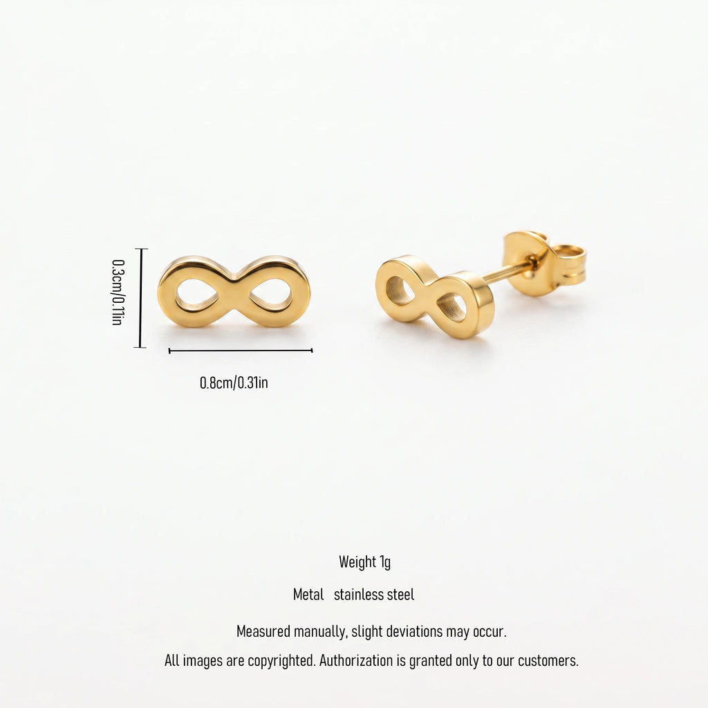 QIAOREN 14012 Solid Hollow Infinity Symbol Stud Earrings, Polished Gold Eternal Love Ear Stud Jewelry Gift