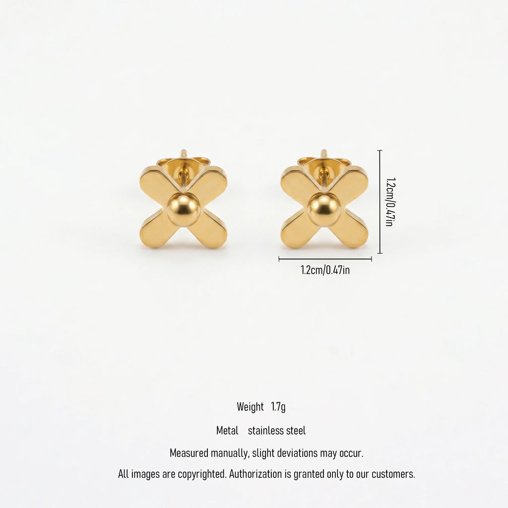 QIAOREN 11774  Ins Chic Solid Cross With Central Ball Stainless Steel Stud Earrings Gold Trend Accessory for American European