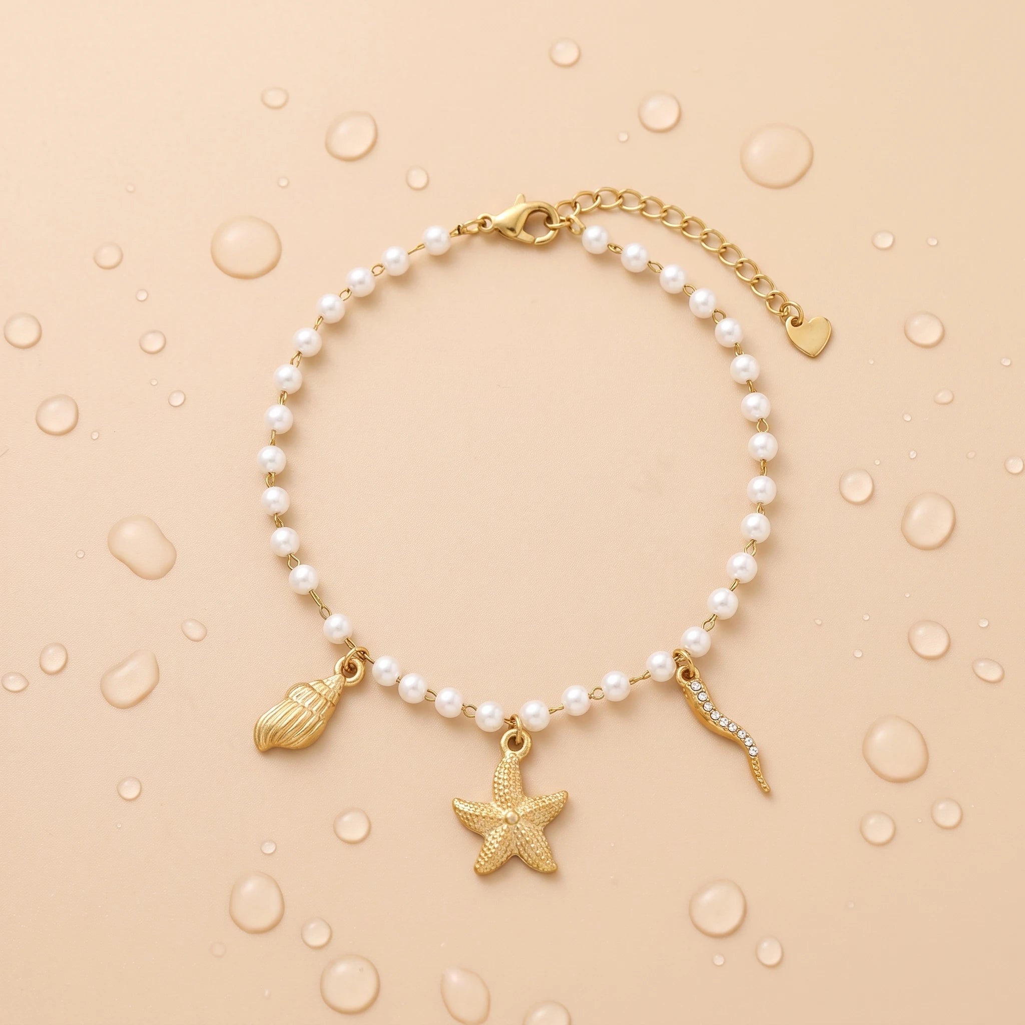 QIAOREN 13319 Ocean Style Pearl Anklet with Starfish, Conch & Rhinestone Tentacle Charms, Beach Vacation Foot Jewelry Gift