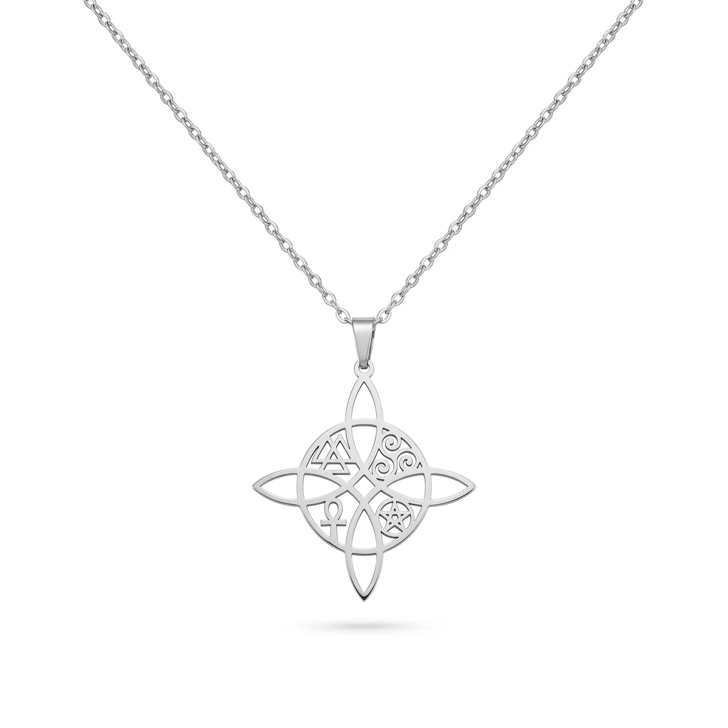 QIAOREN 11841 Waterproof Hollow Celtic Witch Knot Necklace 18K Gold Stainless Steel Four Elements Spiritual All-Day Wear Jewelry
