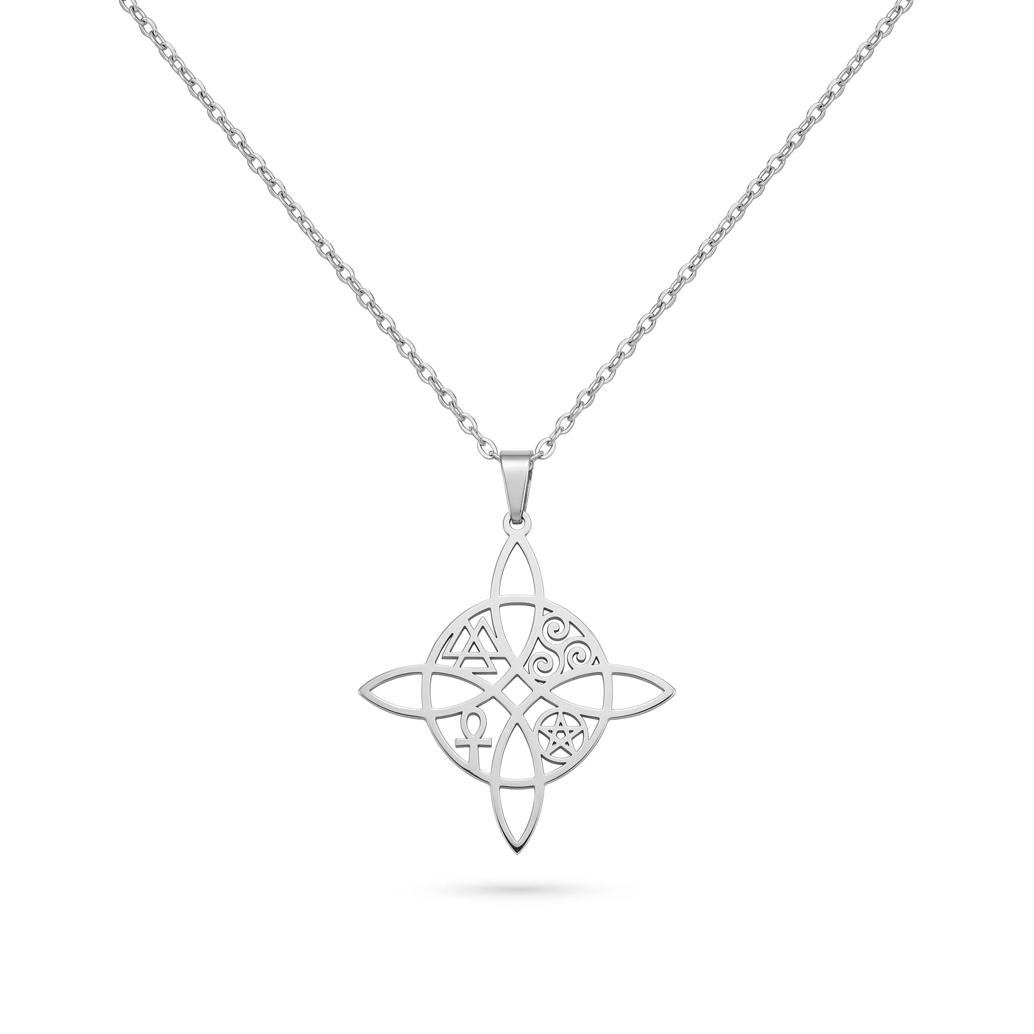 QIAOREN 11841 Waterproof Hollow Celtic Witch Knot Necklace 18K Gold Stainless Steel Four Elements Spiritual All-Day Wear Jewelry