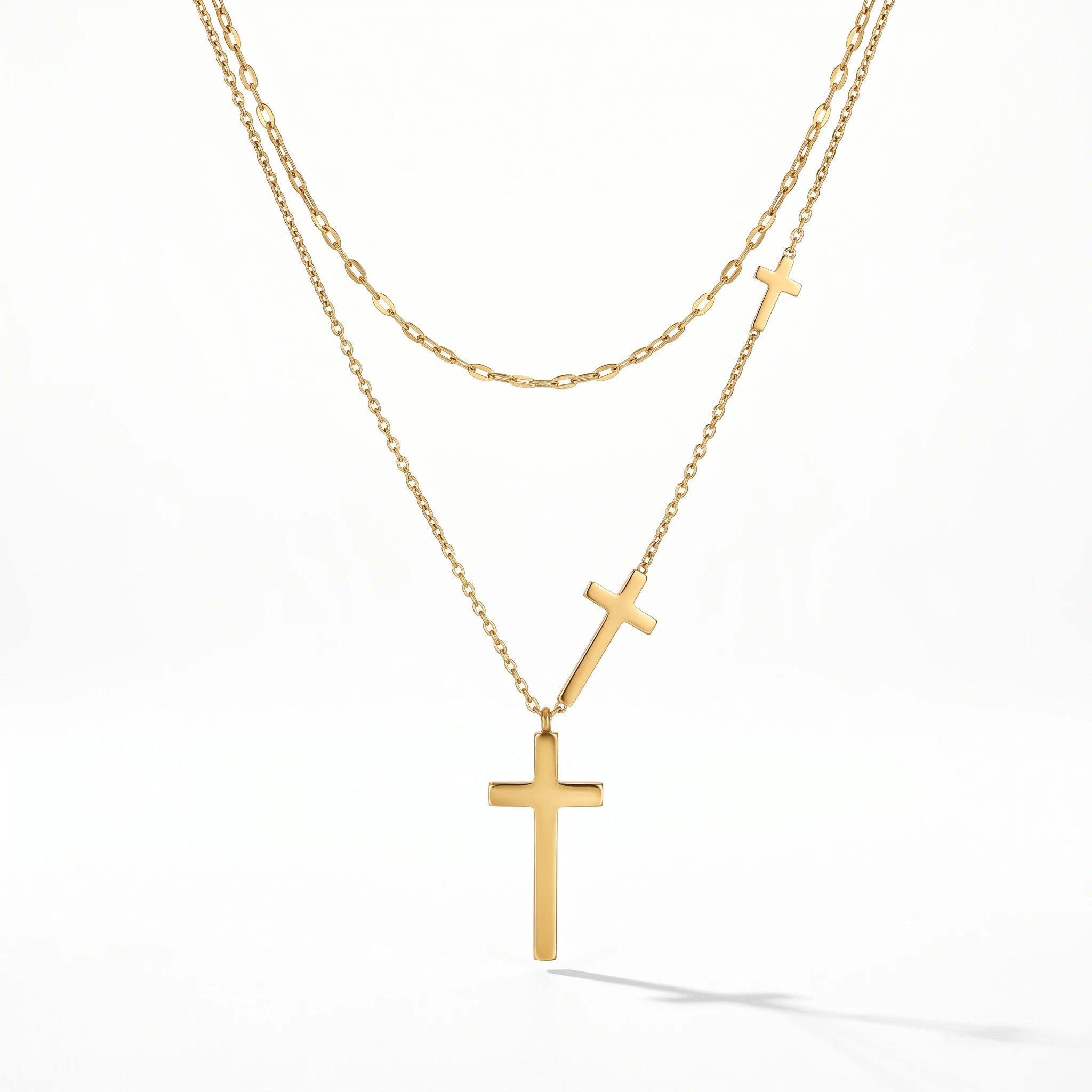 QIAOREN 13171 Stainless Steel Layered Cross Necklace Gold Plated Christian Faith Pendant Necklace Minimalist Jewelry for Women