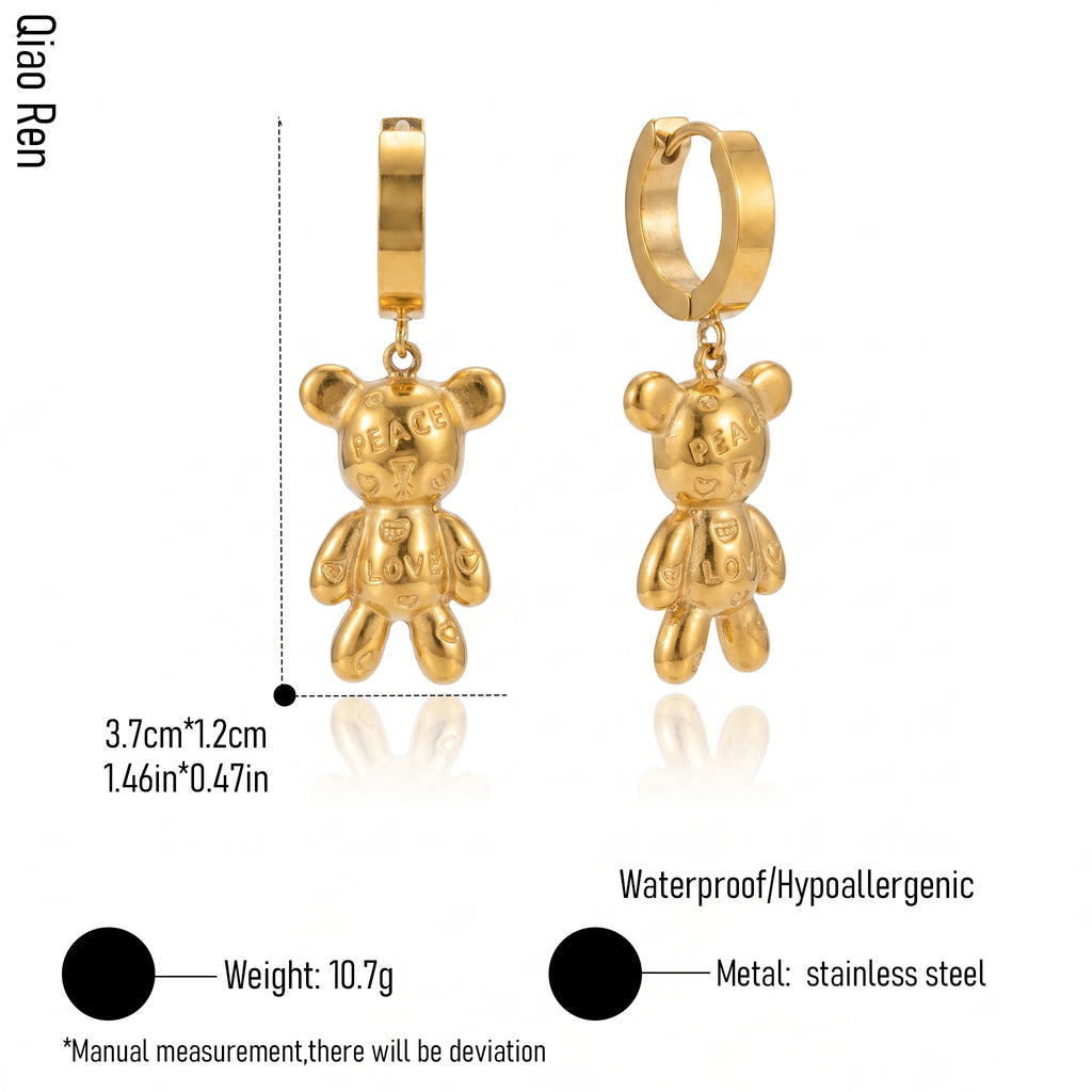 QIAOREN 14378 Peace Love Engraved Teddy Bear Dangle Huggie Hoop Earrings, Stainless Steel Drop Earrings Jewelry Gift for Daily